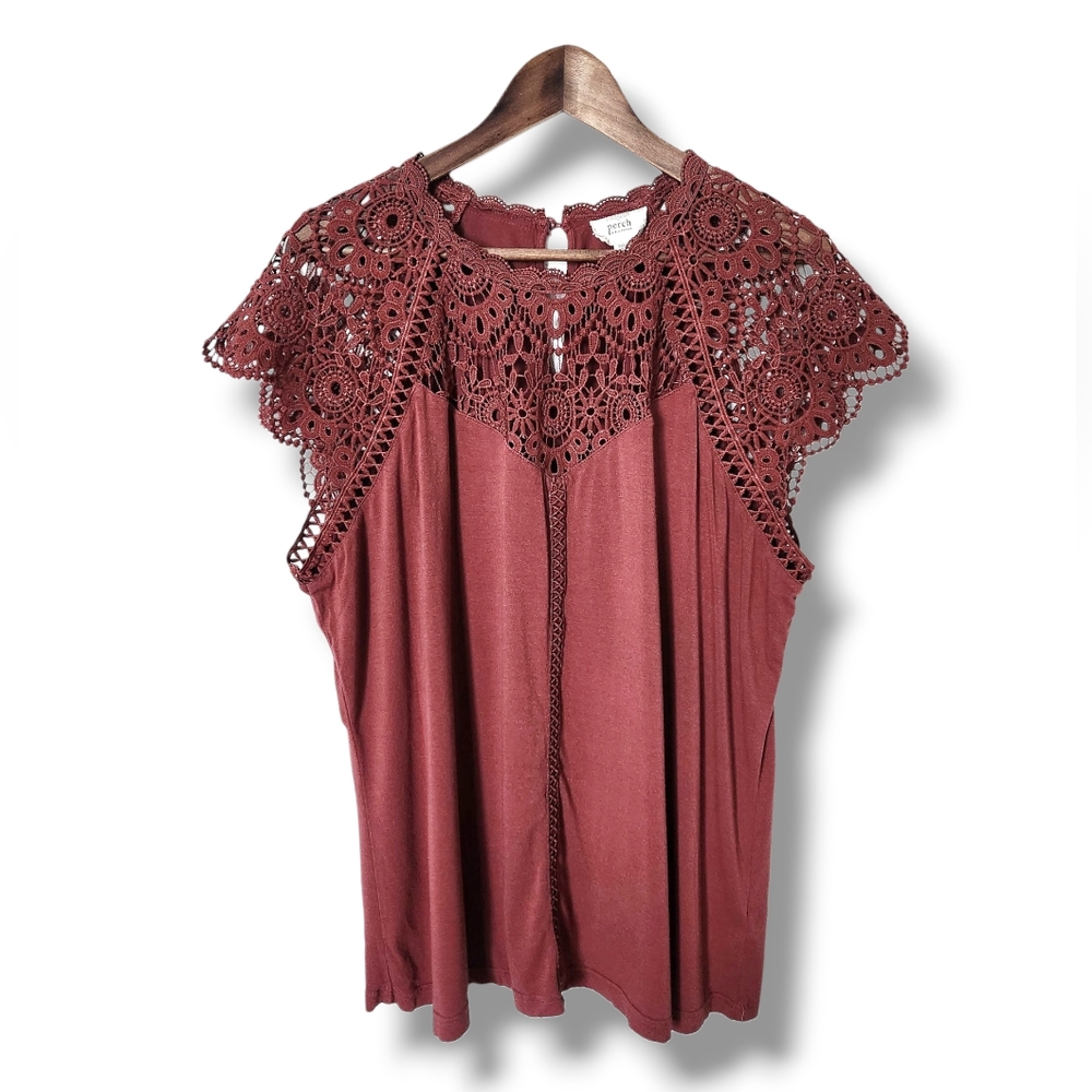 Perch By Blu Pepper Lacey Cap Sleeve Dusty Red Blouse | 3XL